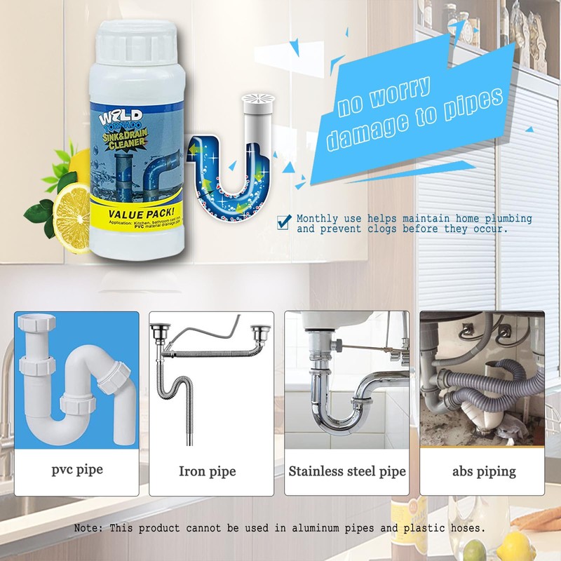 Wild Tornado Pipe Dredge, Powerful Sink and Drain Cleaner Powder,