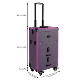 GDAE10 Rolling Makeup Train Case, Lockable Portable Cosmetic Trolley, Trolley Makeup Travel Case，with Key Swivel Wheels,Salon Barber Case Traveling Case (Purple)