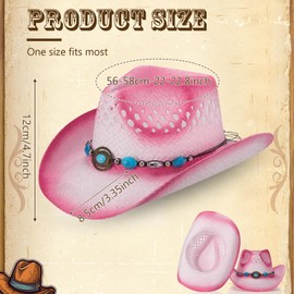 Hercicy 3 Pcs Straw Cowboy Hat Summer Beach Western Cowgirl Hat for Women Men Western Straw Hat (Pink)