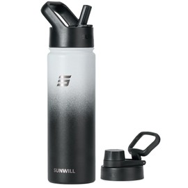 SUNWILL Metal Water Bottle with Straw 22 oz, Stainless Steel Insulated Flask for Cold and Hot Drink, Travel, Sports, Gym, Powder Coated Gradiant Black and White