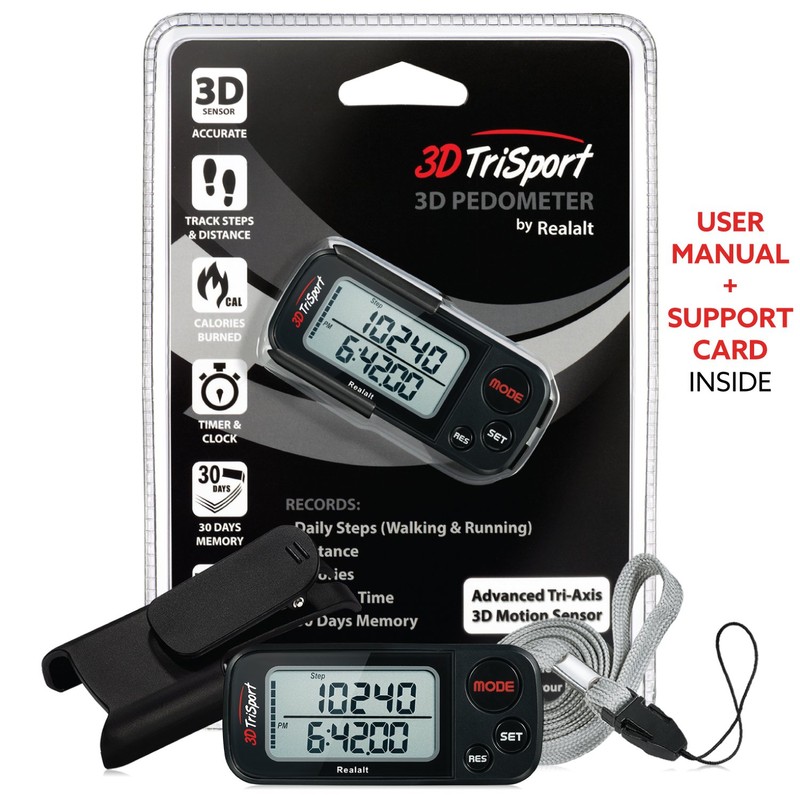 Realalt 3DTriSport 3D Pedometer, Accurate Step Counter with Clip and