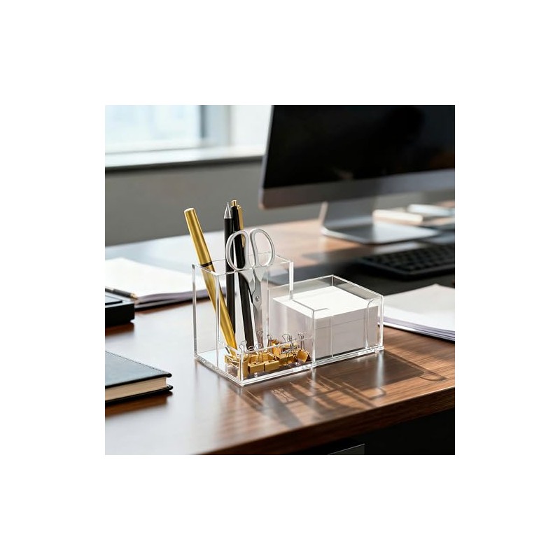HBlife Acrylic Pen Holder - 3-Compartment Desk Organizer