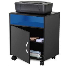 FITUEYES Set of 2 Printer Stands with Blue LED Lights Strips, Mobile Wood Printer Tables Work Carts on Wheels with Adjustable Storage Shelves for Home Office, Black