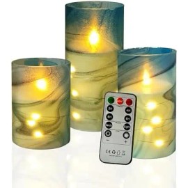 Printed Flameless Candles Sets of 3 , LED Pillar Candles with Remote and Embedded Star String Lights for Home Decorationcolor: Blue water ripple, size: 4"5"6"