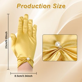 DAJISI Tea Party Gloves, Short Satin Elegant Dress Gloves with Pearl Wrist Length Satin Glove for Concerts Wedding Opera Dinner Party（Gold）