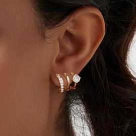 HAXIYA 14K Gold Plated Triple Hoops Illusion Stud Earrings for Women Double Huggie Hoop Earrings for One Hole Trendy CZ Segment Triple Hoop Hypoallergenic Unique Small Cute Jewelry Gift for Women