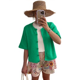 LOMON Womens Spring Summer Short Sleeve Cardigan Sweaters Trendy Crew Neck Button Down Lightweight Knit Outfit Y2k Clothes (Green, S)