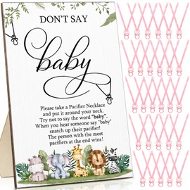 Geetery 51 Pcs Don't Say Baby Game Sign Cool Baby Shower Game 50 Pacifier Necklace Wooden Don't Say Sign Plastic Pacifier Party Favor for Gender Reveal(Animal,Pink)