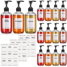 Mumufy Set of 12 Coffee Syrup Dispenser PET Syrup Pump Bottle Black Plastic Container with 27 Labels for Kitchen Restaurant Home Bar Accessories Organization(11.8 oz)