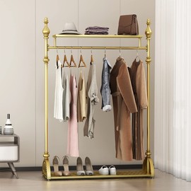 Clothing Rack Gold, Industrial Clothes Rack for hanging Clothes with Double Shelves Freestanding Multi-functional Heavy Duty Garment Rack, Metal Movable Coat Rack for Organizing Clothes Shoes (59'' L)