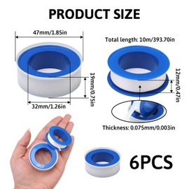 6 Rolls PTFE Tape White Plumbers Tape Pipe Slealant Tape Waterproof Thread Tape for Bathroom Kitchen Garden Leaking Pipe Sealing in Pipe Threads Leaks (10m x 12mm x 0.075mm)