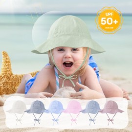 Durio Sun Hat Baby Hat Children Adjustable Foldable UV Protection with Adjustable Ties and Wide Brim, Green-White Stripes, 2 - 4 years