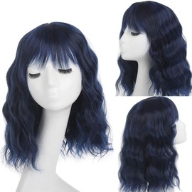 Leeven 12" Ombre Blue Synthetic Wigs with Bangs Short Wavy Bob Style Wigs for Women Heat Resistant Shoulder Length Hair Wig Blue Cosplay Wig (1BBLUE#)