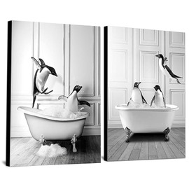 QPLGTU Bathroom Home Background Wall Decoration Poster, Black and White Highland Livestock Animal Decoration Photos Wallpaper, Funny Animal Print Poster, Frameless (Penguin, 40 x 60 cm x 2)