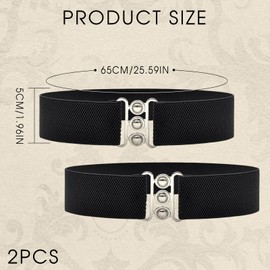 TUONYIS 2 Pcs Retro Vintage Belt, Wide Stretchy Belts for Women, Elastic Waist Belt 50s Nurse Belt Silver Buckle & Clasp Adjustable Cinch Belt for Dresses (Black) (Black)