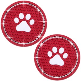 MEAJOO 2PCS Bling Car Cup Holder Coaster, Universal Dog/Cat Paw Auto Non-Slip Crystal Rhinestone Cup Holder Coaster, 2.75In Universal Non-Slip Recessed Car Interior Accessories (Red & White)