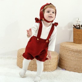 LAWKUL Baby Girl Clothes Knit Suspender Shorts Ruffle Flying Sleeve Jumpsuit with Hat Newborn Infant Overall 0-3 Months Red