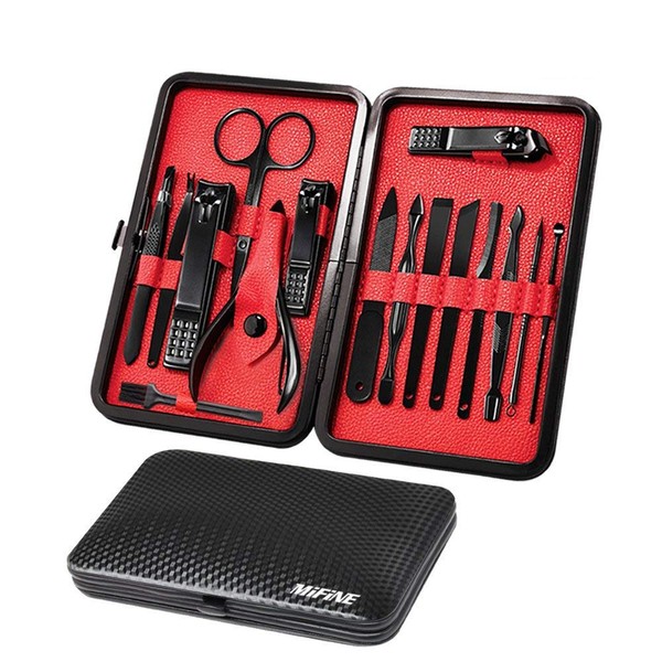 Manicure Set Pedicure Set Nail Clippers – Mifine 16 in 1 Stainless Steel Professional Pedicure Kit Nail Scissors Grooming kit with Black Leather Case (Red)