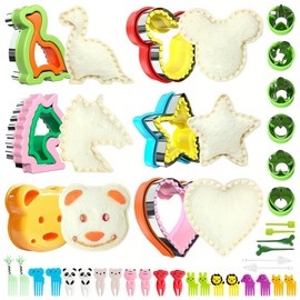 Foyucool 38 PCS Cute Sandwich Cutters, Stainless Steel Cookie Sandwich Cutters and Sealers Set, Dinosaur Bear Heart Star Shaped DIY Mold, with 2 Cleaning Brushes and 20 Animal Forks