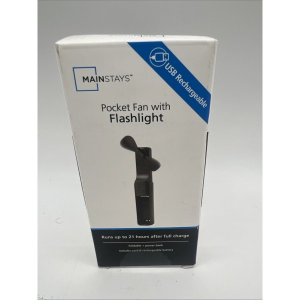 New Mainstays Black USB Rechargeable Pocket Fan Flashlight & Power
