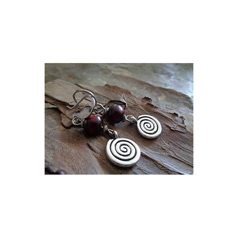 ⊹⊱ ✿★ DUNKELROTES HOLZ MIT ROBUSTER SPIRALE - OHRRINGE NATUR