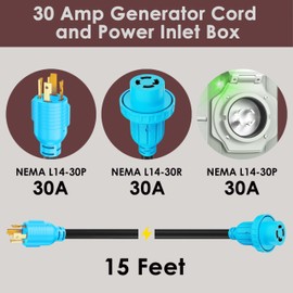 CircleCord 4 Prong 15 Feet 30 Amp Generator Extension Cord and Inlet Box with Locking Connector, Heavy Duty NEMA L14-30P/L14-30R, 125/250V 7500W 10 Gauge SJTW Generator to House Power Cord