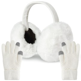 TirEurt Winter Ear Muffs Gloves Set, 2 Pieces Winter Plush Ear Warmers Touch Screen Knitted Gloves, Winter Ski Outing Set Earmuffs Sports Gloves Skiing Outdoor Sports Supplies for Men Women (White)