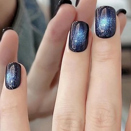 Black Press on Nails Short Fake Nails with Starry Sky Designs Square Glue on Nails Cat Eye Acrylic Nails Cute Nails Press ons Blue False Nails Daily Wear Natural Stick on Nails for Women 24Pcs