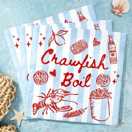 FYSUIMU 50 Pcs Crawfish Boil Cocktail Napkins Red Blue Striped Lobster Paper Napkins Disposable Decorative Beverage Napkin for Summer Sea Food Party Supplies Table Decor