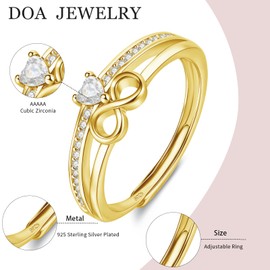 DOA Infinity Rings Women, Gold 925 Sterling Silver Plated Ring, Adjustable Heart Rings For Women With Cubic Zirconia, Engagement Promise Wedding Open Rings Jewellery Gifts