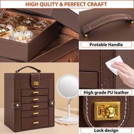 AKOZLIN Jewelry Box Organizer Functional Leather Jewelry Storage Case for Women Girls Ring Necklace Earring Bracelet Holder Organizer with Mirror Brown