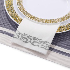 200 Disposable Hand Towels Soft and Absorbent Linen Feel Dinner Napkin Durable Decorative Bathroom Hand Napkins Good for Kitchen, Parties, Weddings, Dinners or Events White and Silver