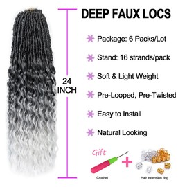 FANWYFYU New Faux Locs Crochet Hair With Deep Curly Ends 24 Inch 6Packs Black Goddess Soft Locs Synthetic Braids Prelooped Dreadlock Hair Extensions ((1B/Gray/White)