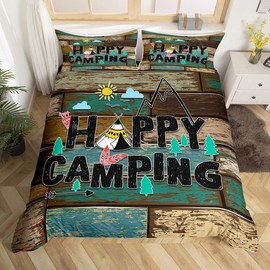 Happy Camping Campers Duvet Cover Queen,Wooden Door Pines Lattice Bedding Set,Happy Outdoors Natural Comforter Cover 3 Pcs for Kids Teens Adults Room Decor,Rustic Brown Quilt Cover with 2 Pillowcases