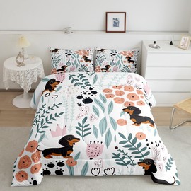 Erosebridal Kawaii Dachshund Bedding Set Queen,Cartoon Puppy Dog Comforter Set for Kids Girls Boys,Cute Love Heart Leaf Floral Comforter Set,Paw Print Animal Quilt Bed Set with 2 Pillow Cases