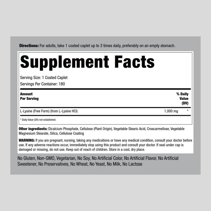 Piping Rock L-Lysine 1000mg | 180 Caplets | Free Form