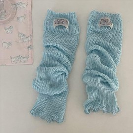 [Eukkis] 春夏薄手40cmコットンレッグウォーマー 足首保温 冷房対策 フリルハイソックス Y2Kリブニットルーズソックス 柔らか肌触り スカイブルー