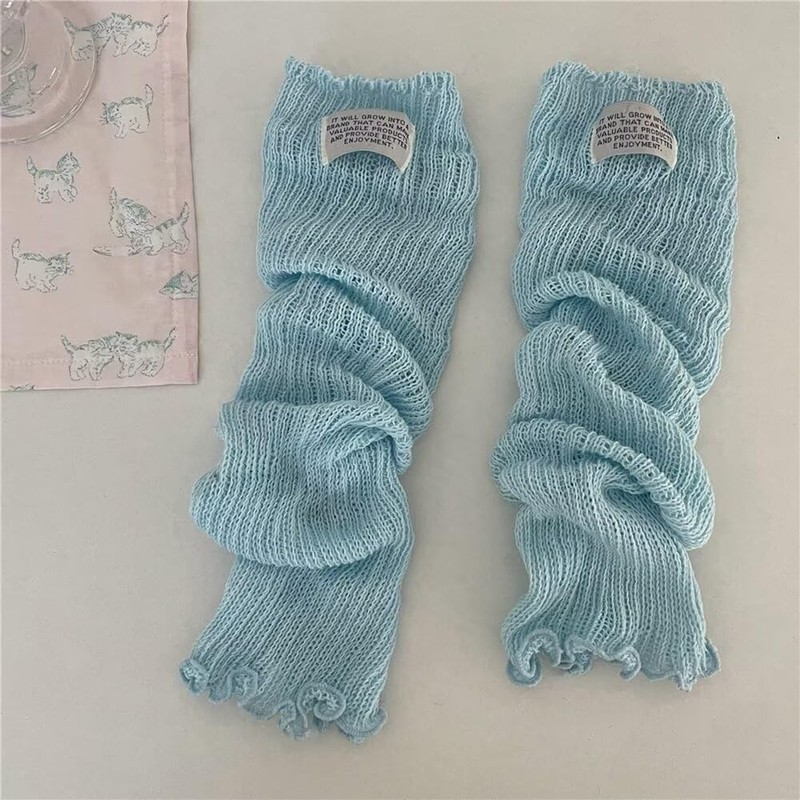 [Eukkis] 春夏薄手40cmコットンレッグウォーマー 足首保温 冷房対策 フリルハイソックス Y2Kリブニットルーズソックス 柔らか肌触り スカイブルー
