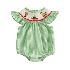 Karuedoo Newborn Baby Girl Cinco De Mayo Outfit Embroidery Stripe Flutter Sleeve Smocked Bubble Romper Mexican Fiesta Outfit (Green, 6-12 Months)