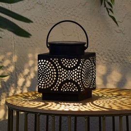 Lights4fun 12 cm Patterned LED Solar Lantern Taza Black Metal Lantern Warm White Solar Lamps for Outdoor Garden Decoration Balcony