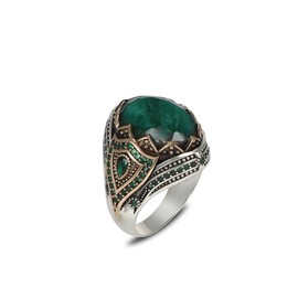 Handcrafted Sterling Silver Men's Ring, Natural Emerald Stone Ring for Men, Ornate Design with Emerald Gems (14)