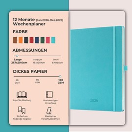 IN-LUXPRO 2026 Calendar: A4 Book Calendar 29 x 22 cm Hardcover Diary 2026 Weekly Planner, 12-Month Book Calendar (Jan - Dec.) with 100 GSM Paper Planner with PU Leather, Light Blue