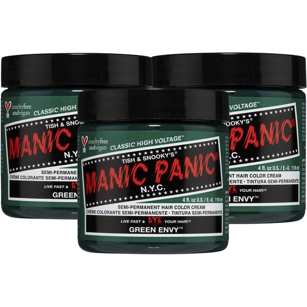 Manic Panic Green Envy Hair Dye - Classic High Voltage - (3PK) Semi Permanent Hair Color - Deep Emerald Green Dye with Blue Undertones - For Dark & Light Hair – Vegan, PPD & Ammonia Free