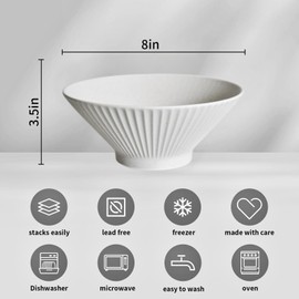 Vegeland Elegant 8 inch Ceramic Large Ramen Bowl Set Of 2. Great For - Pho Bowls Large, Udon Noodle Soup Bowls, Asian Soup Bowl, Large Noodle Bowl, Miso Soup Bowl. (Classy Offwhite)