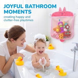 KADFEL 2 Pezzi Rete Giocattoli da Bagno in Poliestere 39x35cm, con Ventose, Sacchetti Appendino per la Doccia – Motivi Coniglio e Squalo (Rosa, Grigio)