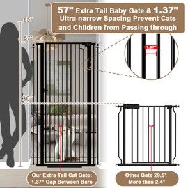 Qonimm 57" Extra Tall Pet Gate for Cats Dogs-29.5"-38.5" Extra Wide Cat Gate for Doorways and Stairs-1.37" Ultra Narrow Spacing Pressure Mounted Dog Gate with One-Handed Operation(29.5"-38.5")