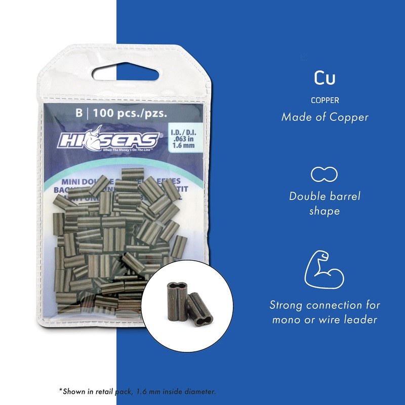 Hi-Seas Mini Double Barrel Copper Crimp Sleeves, 1.3 Millimeter Inside