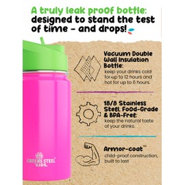 Kids Water Bottle - 350ml, Pink | Leak Proof with Straw & Handle | 12 Cold | Insulated, Double Wall Stainless Steel | Easy Sip Toddler Cup | Child's Flask | Eco Friendly