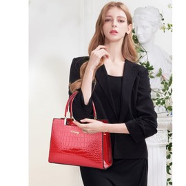 Caalaay Women handbags Purse Shiny Patent Leather Crocodile Pattern Top Handle Handbag Satchel Bags Zipper Medium Tote Bag-Red