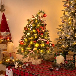 LOENIY 24In Tabletop Christmas Tree with Curved Treetop, Mini Christmas Tree Includes Lights, PE Branches & Various DIY Ornaments, Timer Small Artificial Xmas Tree for Holiday Indoor Christmas Decor